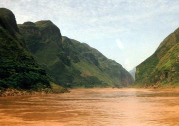 China's Yangtze River at the Three Gorges, in Hubei province. Note the sediment-rich water