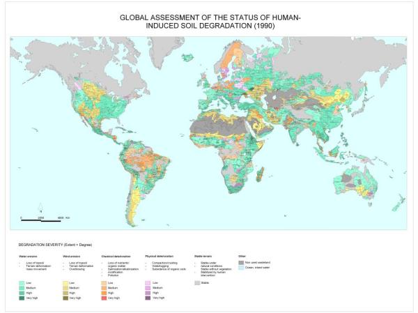 Global land degradation, including water and wind erosion, as estimated by GLASOD
